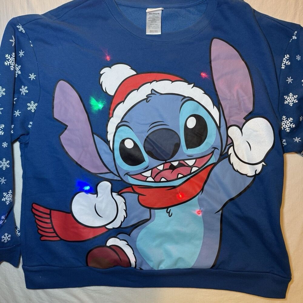 Disney Stitch Light-up Juniors' Fleece Winter Xmas Sweatshirt, Blue XXL - Works!